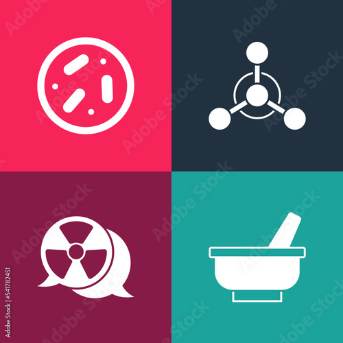 Set pop art Mortar and pestle, Radioactive, Molecule and Petri dish with bacteria icon. Vector