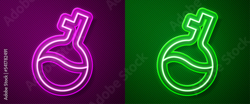 Glowing neon line Test tube and flask chemical laboratory test icon isolated on purple and green background. Laboratory glassware sign. Vector