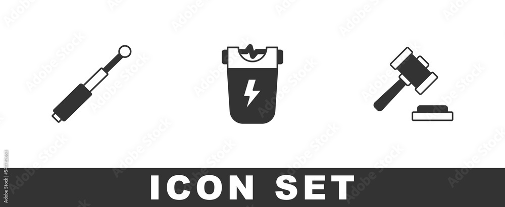 Set Telescopic baton, Police electric shocker and Judge gavel icon. Vector Set Telescopic baton, Police electric shocker and Judge gavel icon. Vector