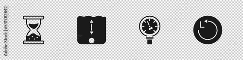 Set Old hourglass with sand, Depth measurement, Pressure water meter and Radius icon. Vector