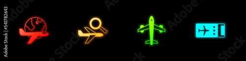 Set Globe with flying plane, Airplane search, Plane and Airline ticket icon. Vector