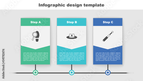 Set Footsteps, Sheriff hat with badge and Telescopic baton. Business infographic template. Vector