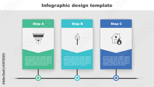 Set Smoke alarm system, Burning match with fire and Fire burning house. Business infographic template. Vector