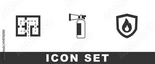Set Evacuation plan, Fire extinguisher and protection shield icon. Vector