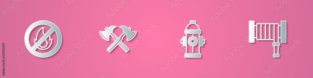 Set paper cut No fire, Firefighter axe, hydrant and hose reel icon. Paper art style. Vector Set paper cut No fire, Firefighter axe, hydrant and hose reel icon. Paper art style. Vector