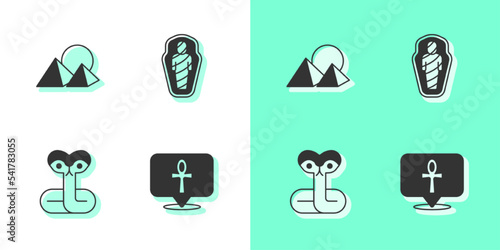 Set Cross ankh, Egypt pyramids, Snake and mummy in sarcophagus icon. Vector