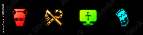 Set Egyptian vase, Crook and flail, Cross ankh and Nefertiti icon. Vector