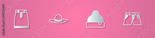 Set paper cut Skirt, Elegant women hat, Beanie and Short or pants icon. Paper art style. Vector