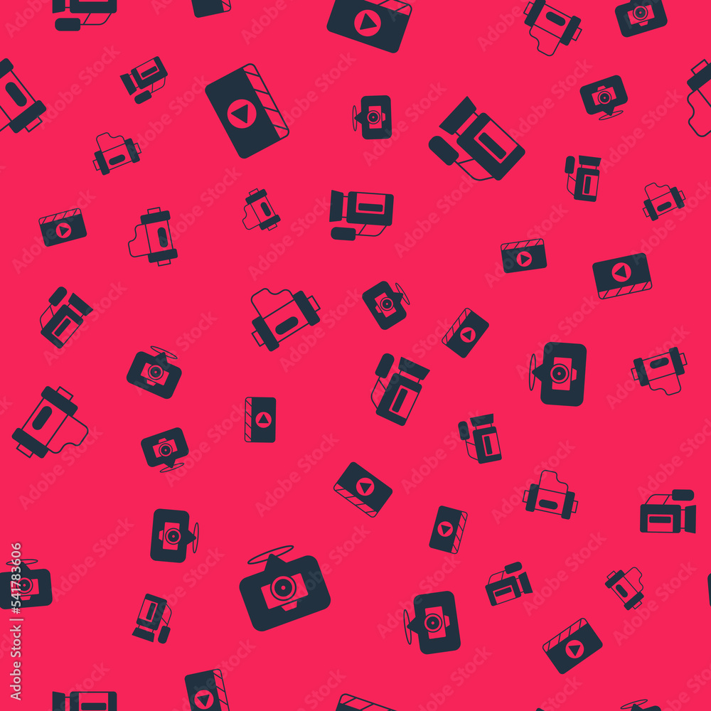 Set Photo camera, Movie clapper, Camera film roll cartridge and Cinema on seamless pattern. Vector Set Photo camera, Movie clapper, Camera film roll cartridge and Cinema on seamless pattern. Vector