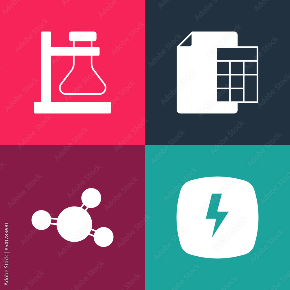 Set pop art Lightning bolt, Molecule, Calculator and Test tube flask on stand icon. Vector Set pop art Lightning bolt, Molecule, Calculator and Test tube flask on stand icon. Vector