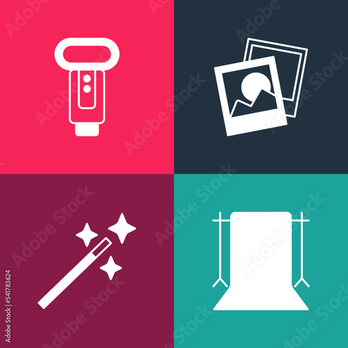 Set pop art Empty photo studio, Photo retouching, frame and camera flash icon. Vector