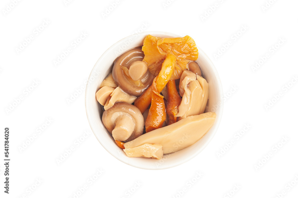Bowl of marinated mushrooms isolated on white background, top view Bowl of marinated mushrooms isolated on white background, top view
