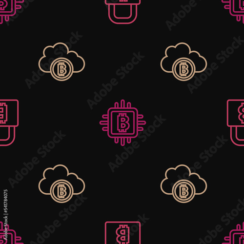 Set line Lock with bitcoin, Cryptocurrency cloud mining and CPU farm on seamless pattern. Vector