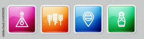 Set line Balalaika, Wheat, Location Russia and Russian doll matryoshka. Colorful square button. Vector