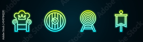 Set line Medieval throne, Round wooden shield, Target with arrow and flag. Glowing neon icon. Vector