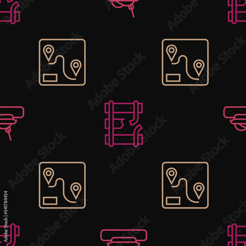 Set line Plate with food, Route location and Broken rails railway on seamless pattern. Vector