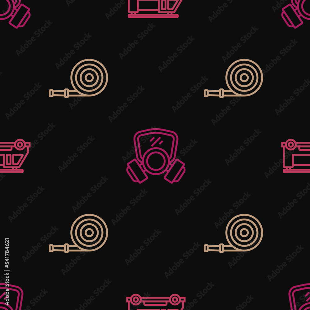 Set line Fire truck, hose reel and Gas mask on seamless pattern. Vector Set line Fire truck, hose reel and Gas mask on seamless pattern. Vector