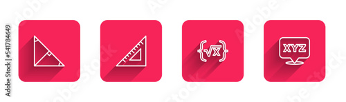 Set line Angle bisector of a triangle, Triangular ruler, Square root x glyph and XYZ Coordinate system with long shadow. Red square button. Vector