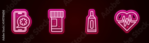 Set line Emergency phone call, Medicine bottle and pills, Ointment cream tube medicine and Heart rate. Glowing neon icon. Vector