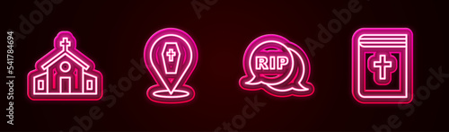 Set line Church building, Coffin with cross, Speech bubble rip death and Holy bible book. Glowing neon icon. Vector