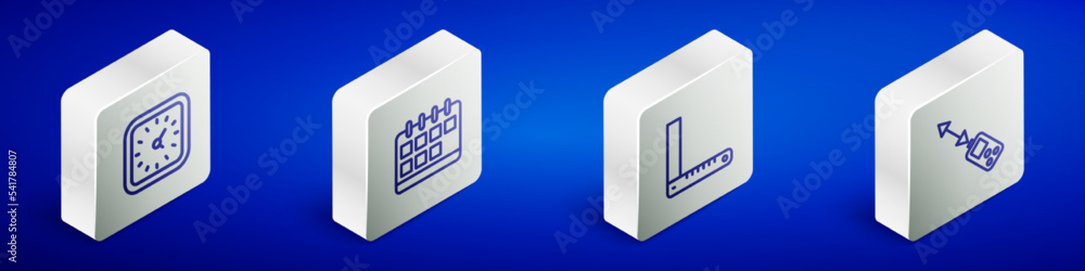 Set Isometric line Clock, Calendar, Corner ruler and Laser distance measurer icon. Vector Set Isometric line Clock, Calendar, Corner ruler and Laser distance measurer icon. Vector