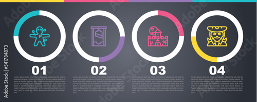 Set line Voodoo doll, Guillotine, Castle, fortress and Witch. Business infographic template. Vector