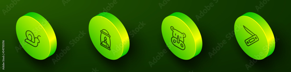 Set Isometric line Snail, Camping lantern, Rhinoceros and Swiss army knife icon. Vector