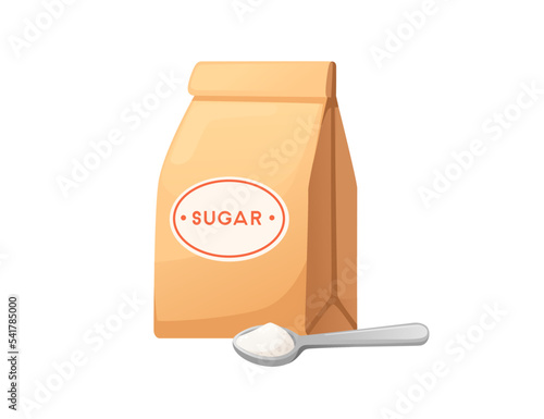Natural white granulated sugar in paper bag with spoon vector illustration isolated on white background