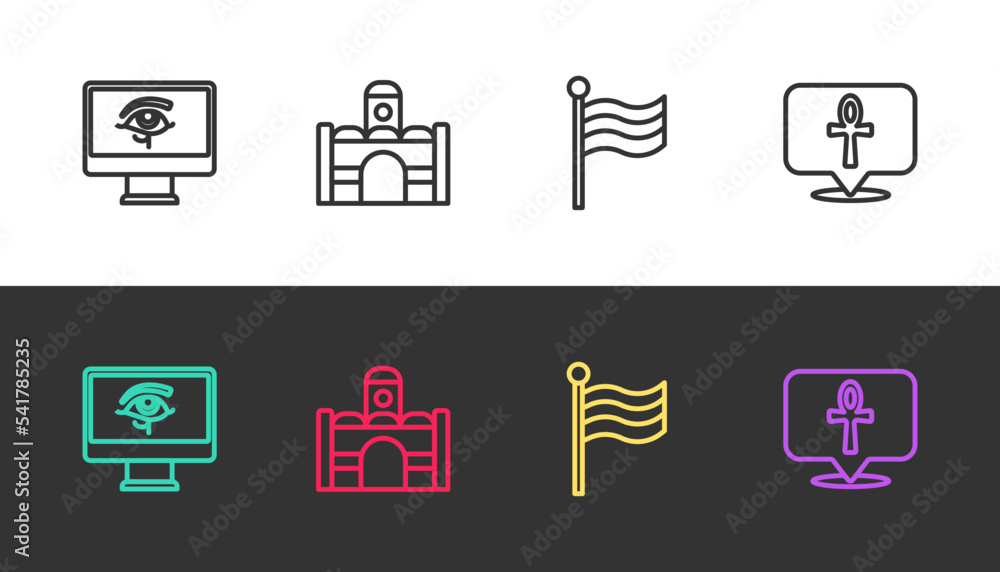 Set line Eye of Horus on monitor, Egyptian house, Flag Of and Cross ankh on black and white. Vector