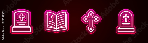 Set line Grave with tombstone, Holy bible book, Christian cross and . Glowing neon icon. Vector