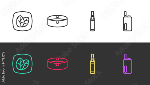 Set line Tobacco leaf, Ashtray, Electronic cigarette and on black and white. Vector