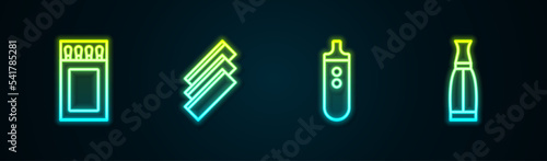 Set line Matchbox and matches, Cigarette rolling papers, Electronic cigarette and Vape liquid bottle. Glowing neon icon. Vector