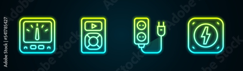 Set line Ampere meter, multimeter, Music player, Electric extension and Lightning bolt. Glowing neon icon. Vector photo