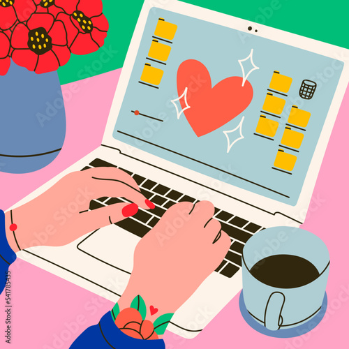 Female hands working on laptop. Coffee, flowers on working desk. Point of view on Laptop screen. Working, studying, work from home concept. Hand drawn modern Vector illustration
