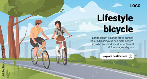 Concept of landing pages on healthy lifestyle. A family riding a bike in the city park