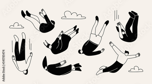 Various falling people. Diverse male and female characters. Hand drawn modern Vector illustration. Flying or falling down abstract people set. Cartoon outline style. All elements are isolated