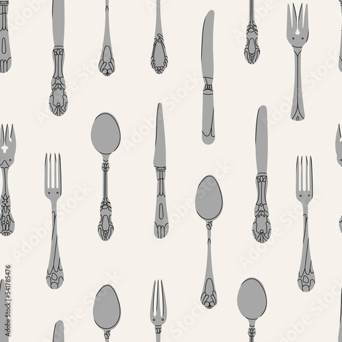 Fancy silver Cutlery set with table knife, spoon, fork, fish spoon. Various shapes. Vintage style. Restaurant, food concept. Hand drawn Vector illustration. Square seamless Pattern