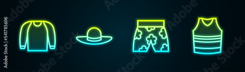 Set line Sweater, Elegant women hat, Swimming trunks and Undershirt. Glowing neon icon. Vector