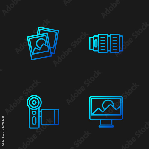 Set line Photo retouching, Cinema camera, frame and Camera photo lens. Gradient color icons. Vector