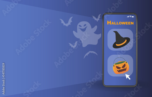 Mobile phone showing 3d halloween products on metaverse. Vector illustration of the future.