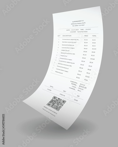 Payment check and receipts with shadow. Curved financial paper, purchase invoice. Buying, bill or calculate pay. Receipt the seller form