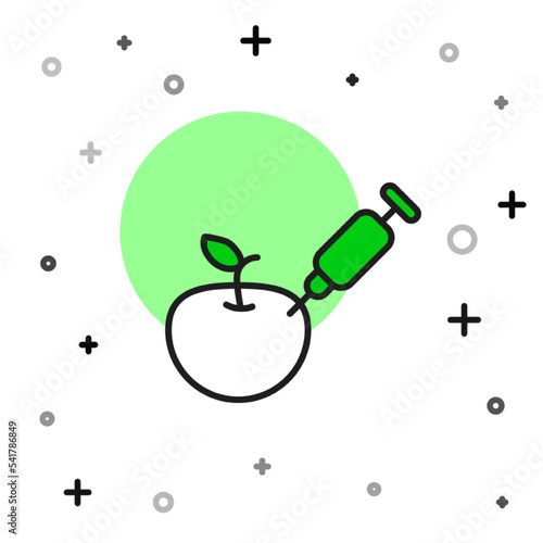 Filled outline Genetically modified apple icon isolated on white background. GMO fruit. Syringe being injected to apple. Vector