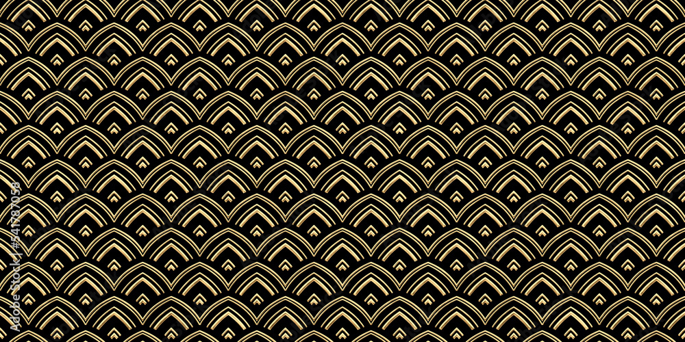 Seamless golden Japanese dragon scale pattern. Ornate oriental abstract gold plated relief on dark black background. Modern elegant metallic luxury backdrop. Maximalist gilded wallpaper 3D rendering. Seamless golden Japanese dragon scale pattern. Ornate oriental abstract gold plated relief on dark black background. Modern elegant metallic luxury backdrop. Maximalist gilded wallpaper 3D rendering.