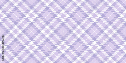 Seamless diagonal plaid tartan surface pattern in Digital Lavender color of the year for 2023. Contemporary light purple plaid fashion textile. Trendy violet gingham tablecloth or apparel background.