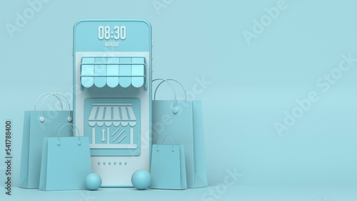 Online shopping store concept on mobile phone with 3d shopping bags and gift boxes