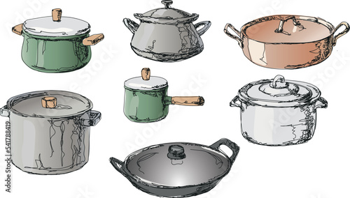 set of hand drawn vector colored pans