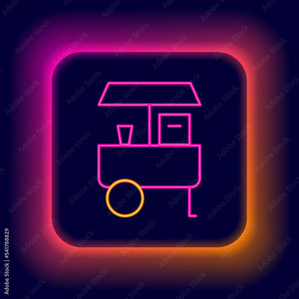 Glowing neon line Fast street food cart icon isolated on black background. Urban kiosk. Colorful outline concept. Vector Glowing neon line Fast street food cart icon isolated on black background. Urban kiosk. Colorful outline concept. Vector