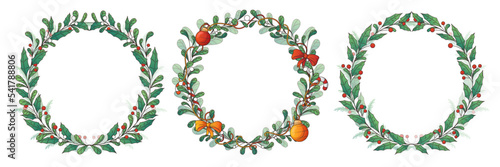 Set of three simple vector Christmas wreath with holly and mistletoe branches and  leaves. Winter frame for Christmas decoration invitation cards, postcards and posters, banners.