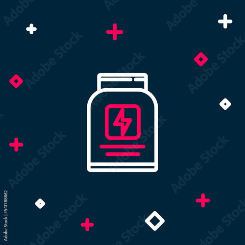 Line Sports nutrition bodybuilding proteine power drink and food icon isolated on blue background. Colorful outline concept. Vector