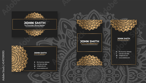 Luxury black business card with golden mandala decoration designs, Bright floral ornamental elements
